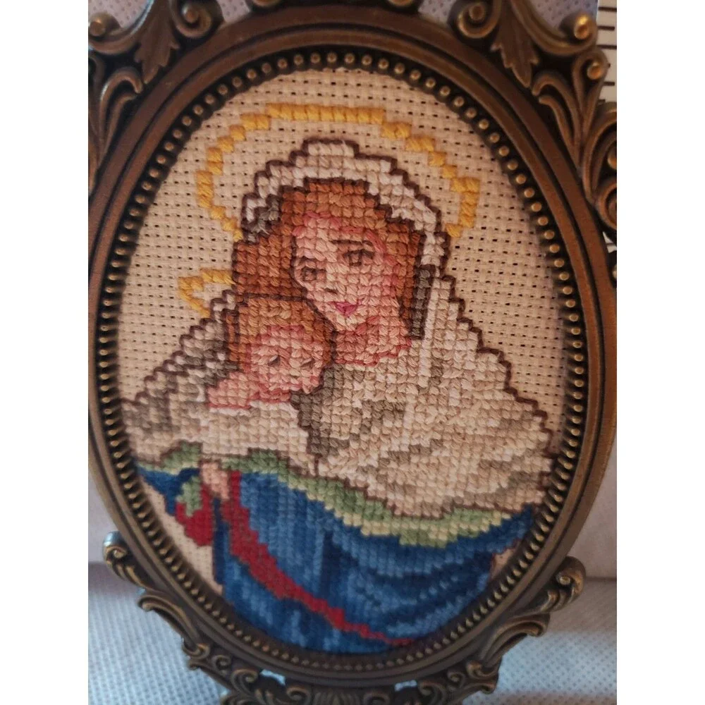 Vintage Needlepoint Virgin Mary Mother of God  & Baby Jesus Ornate Metal Frame